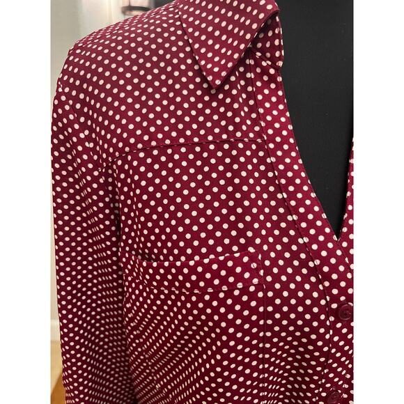 Express Polka Dot Button-Up Blouse Women’s Medium Burgundy Tie Sleeve Top Size M - Picture 4 of 9
